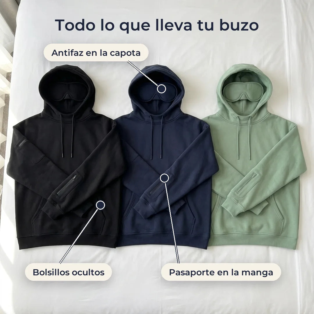 Detalles del buzo VOYRA: antifaz, bolsillos ocultos y bolsillo de la manga