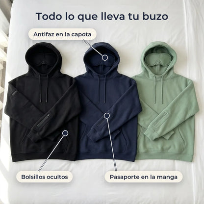 Detalles del buzo VOYRA: antifaz, bolsillos ocultos y bolsillo de la manga