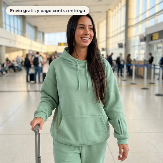Mujer con el buzo VOYRA verde salvia caminando por el aeropuerto con su maleta