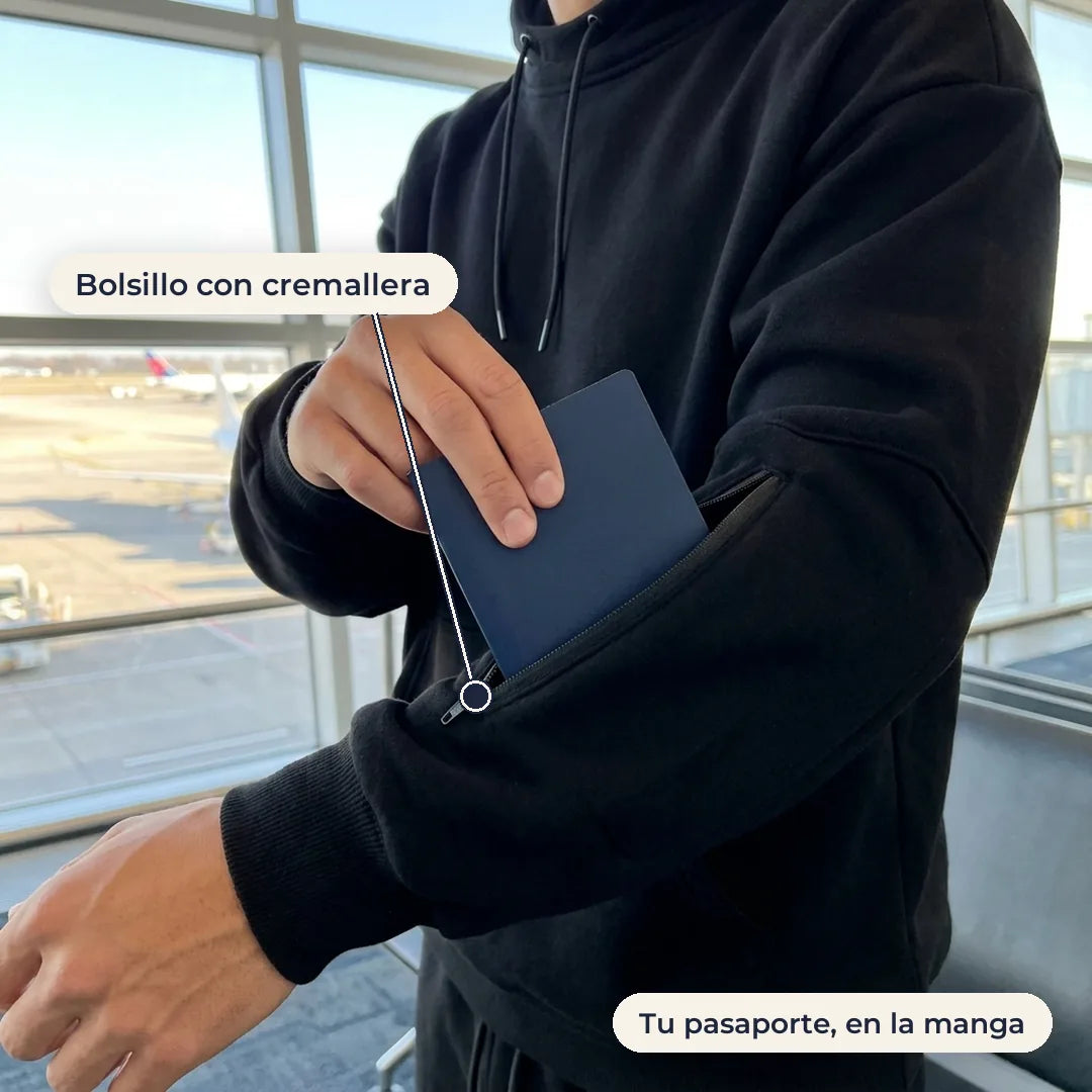 Pasaporte entrando al bolsillo con cremallera de la manga del buzo VOYRA